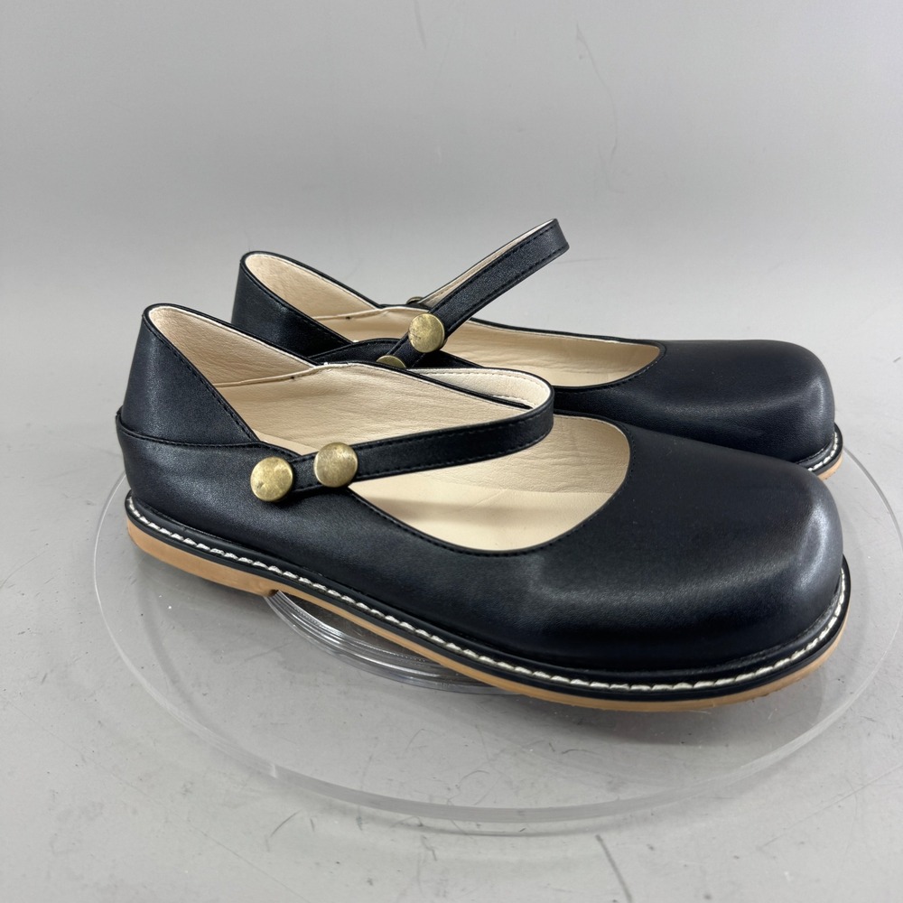 Womens Mary Jane Flats Round Toe Button Strap Faux Leather Black Size 38